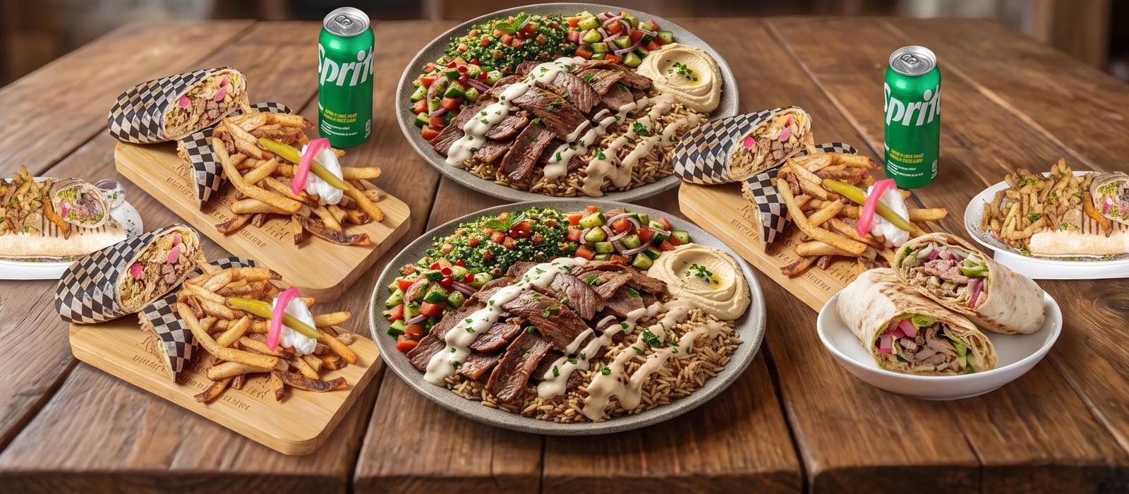 King's Restaurant takeout family meal with shawarma wraps, fries and salad