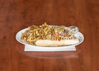 Beef Platter at King's Restaurant - beef shawarma platter with hummus and salad
