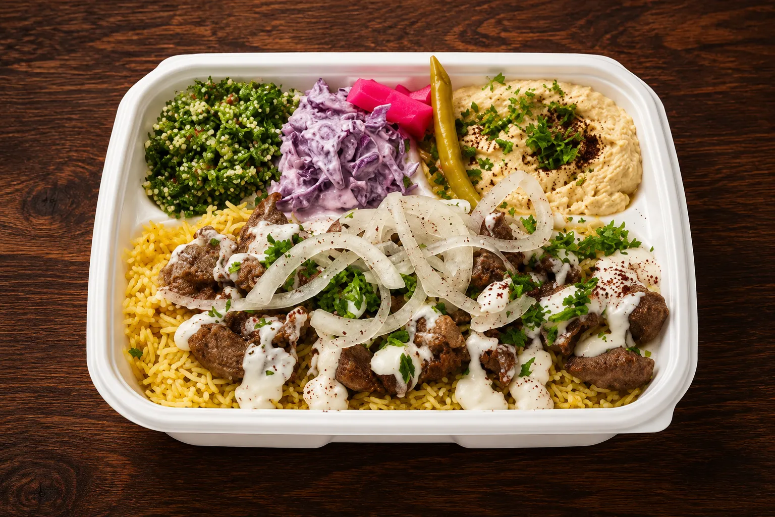 Beef Platter at King's Restaurant - beef shawarma platter with hummus and salad
