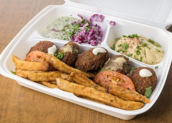 Falafel Platter at Kings Restaurant Winnipeg - crispy falafel platter with salad and hummus
